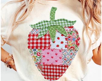 Patchwork Strawberry Shirt Design, Cottagecore Fruit Sublimation PNG, Red Gingham Strawberry Graphic, Retro Summer Apparel Digital Download