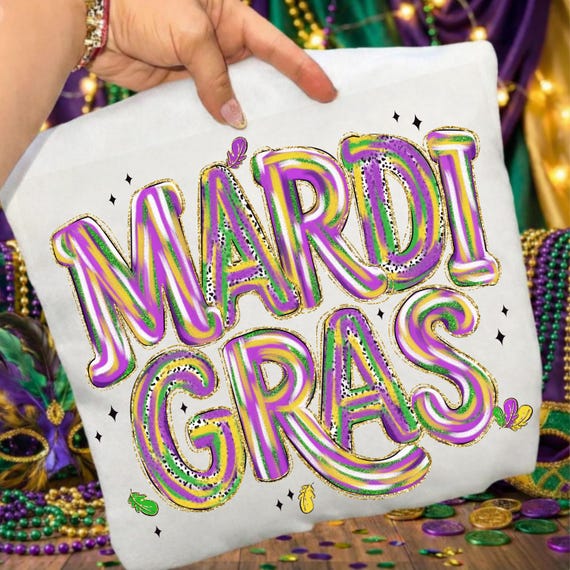 Mardi Gras PNG Sublimation Design, Retro Carnival Puffy Letters, Fat Tuesday Shirt Design, Purple Green Gold Glitter PNG, Digital Download