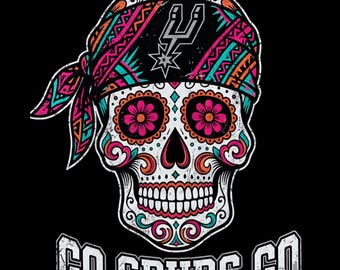 Go Spurs Go PNG Sugar Skull San Antonio Basketball Sublimation File, Day of the Dead Texas Sports Design, Retro Fiesta Game Day Graphic