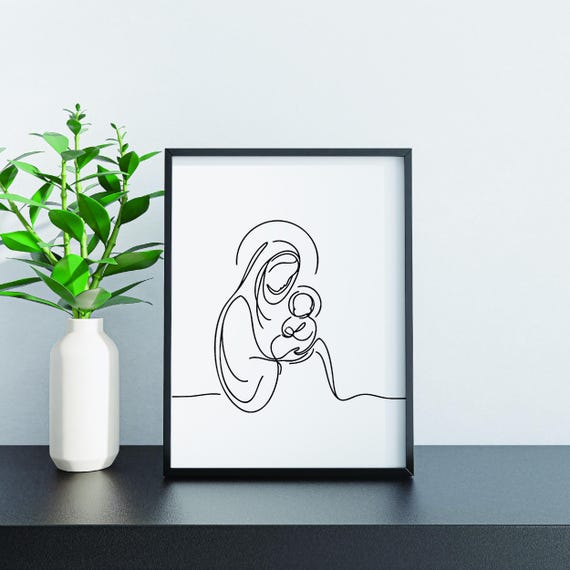 Mary Holding Jesus, Christmas, Digital Art Download, Christian-Inspired Line Drawing/Wall Art, Minimalist Bible Sketch, Simple Inspired Gift