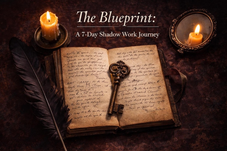 May include: An open antique book with handwritten script, a decorative key, and a feather quill. The text "The Blueprint: A 7-Day Shadow Work Journey" is at the top. Lit candles and a small mirror add to the mystical theme.