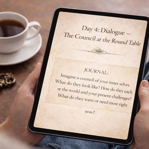 May include: A tablet showing a journal entry titled "Day 4: Dialogue - The Council at the Round Table." A cup of coffee and a decorative key are on a wooden surface. The journal prompts self-reflection.