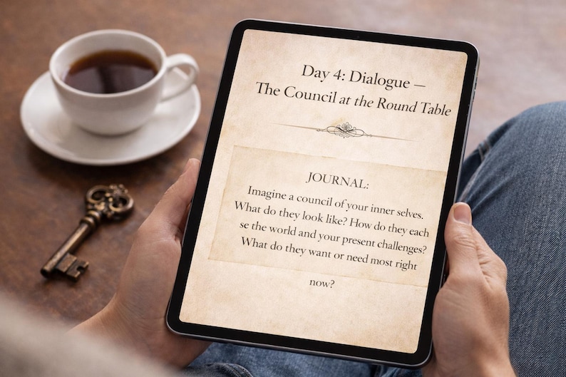 May include: A tablet showing a journal entry titled "Day 4: Dialogue - The Council at the Round Table." A cup of coffee and a decorative key are on a wooden surface. The journal prompts self-reflection.