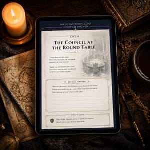 May include: A digital tablet showing a journal page titled "The Council at the Round Table" from "The 30-Day King's Quest: A Journal for Men." The page includes text, a journal prompt, and a drawing of a round table. A lit candle and other items are in the background.