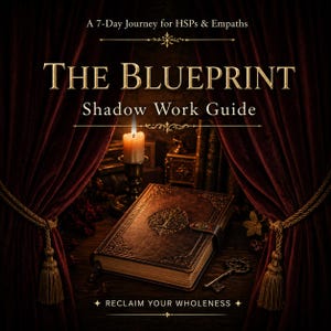 May include: An antique-style book, "THE BLUEPRINT Shadow Work Guide", with a decorative cover, a lit candle, and a key. The image has a dark, vintage aesthetic with red curtains and the text "RECLAIM YOUR WHOLENESS".