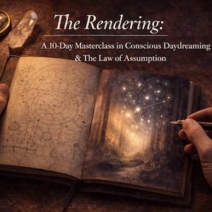 Puede incluir: Un libro abierto con ilustraciones detalladas y el texto "The Rendering: A 10-Day Masterclass in Conscious Daydreaming & The Law of Assumption." Un bolígrafo se sostiene sobre la página derecha, que representa una escena de noche estrellada.