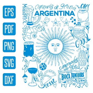May include: Blue and white illustration featuring the word ARGENTINA, a sun with a face, and various Argentinian symbols. Includes text like "Messi", "Boca Juniors", and file type icons (EPS, PDF, PNG, SVG, DXF).