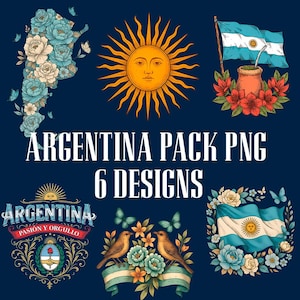 以下が含まれることがあります： アルゼンチンをテーマにした6つのデザインが特徴のデジタルアートパック。デザインには、アルゼンチンの国旗、太陽、花のアクセントが付いたアルゼンチンの地図、その他の愛国的なイラストが含まれています。テキストは「ARGENTINA PACK PNG 6 DESIGNS」と表示されています。