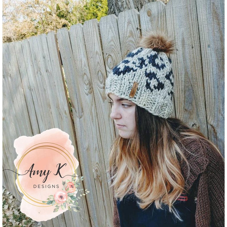 Animal Print Knit Hat With Fur Pompom Chunky Knit Hat Animal Etsy