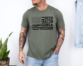 Beer Bacon Funs and Freedom T-shirt, Men's Bacon T-shirt, Men's Freedom T-shirt, Americana T-shirt, In Stock, READY TO SHIP