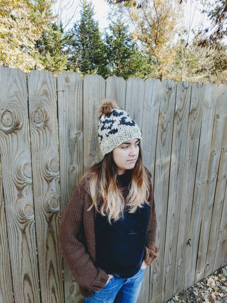 Animal Print Knit Hat With Fur Pompom Chunky Knit Hat Animal Etsy