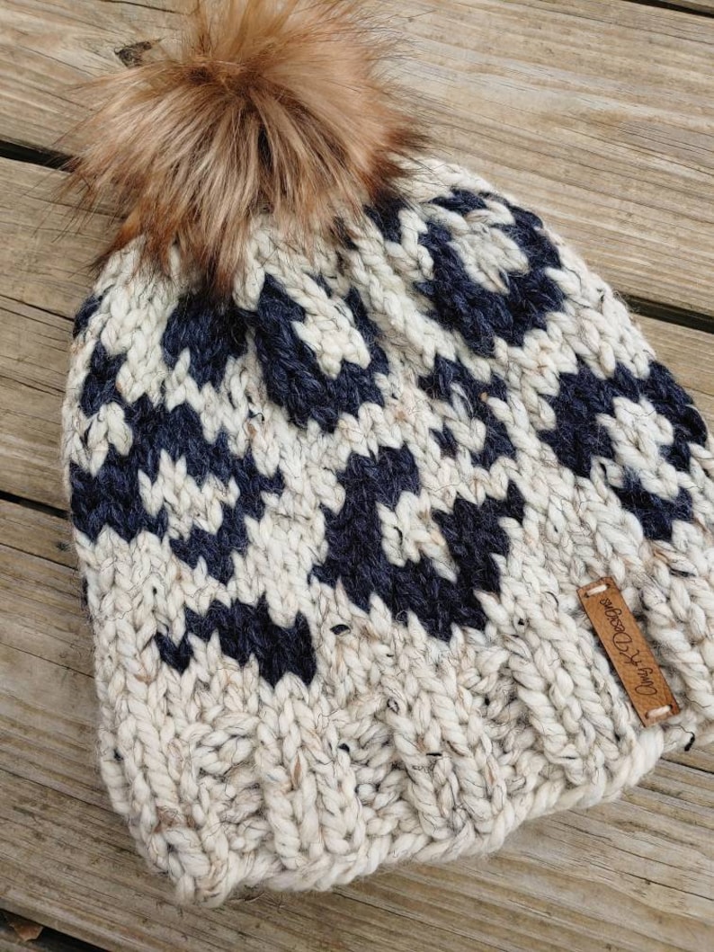 Animal Print Knit Hat With Fur Pompom Chunky Knit Hat Animal Etsy