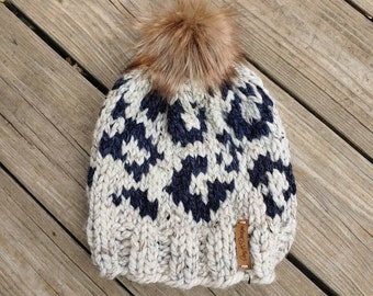 Animal Print Knit Hat with fur pompom, chunky knit hat, animal print, leopard print hat, knitted hat with fur pompom