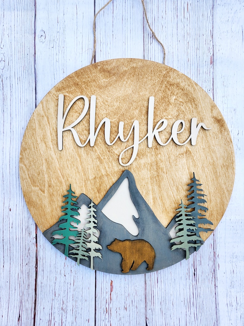 Wilderness Nursery Name Sign, Bear theme nursery sign, custom nursery sign, Nursery gift, customized baby shower gift image 1