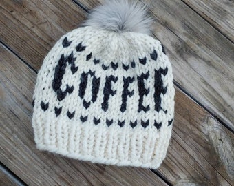 Coffee knit hat, Coffee knit beanie, Coffee pom pom hat, Coffee hat, Coffee beanie