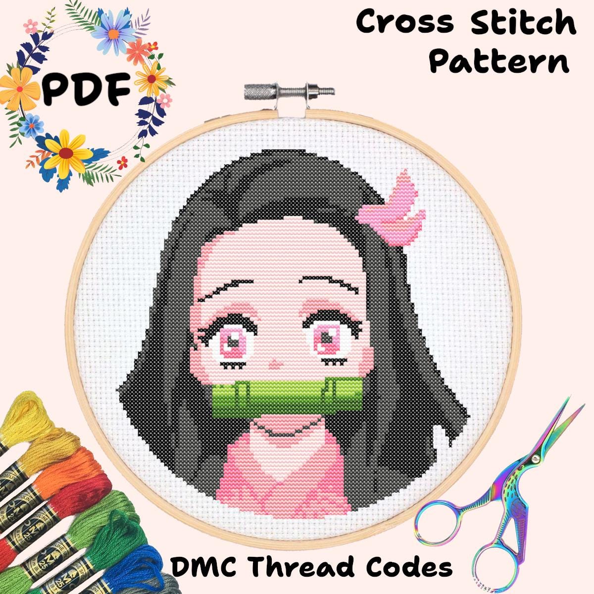 Dämonentöter Nezuko Kamado Kreuzstich Stickmuster Projekt digitaler Download Pixel-Art Kreuzstich Anleitung