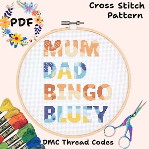 Bluey family names kid cartoon heeler australia Cross Stitch needlepoint Pattern cyfrowe pobieranie pixel art project craft cartoon needlework