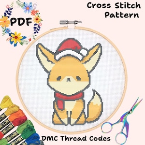 Fennec Fox Boże Narodzenie wakacje czapka Mikołaja słodkie kawaii Krzyż haft igłowy Wzór cyfrowy do pobrania pixel art projekt rzemiosła kreskówka