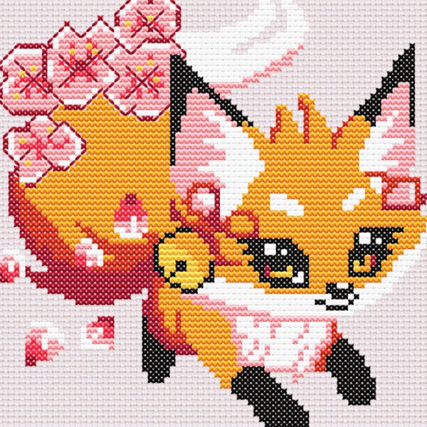 Red Fox sakura blossoms flowers kitsune Cross Stitch needlepoint Pattern digital download pixel art project craft cartoon retro