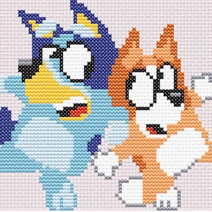 Bluey y Bingo, dibujos animados de niños, heeler australiano, punto de cruz, bordado, patrón, descarga digital, proyecto de arte de píxeles, manualidad, dibujos animados, bordado