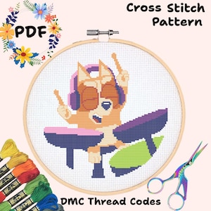 Bingo spelen drums kinderen kruissteek borduren patroon digitale download pixel art project ambacht cartoon handwerken 14 kt bluey
