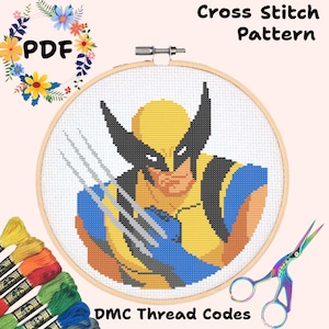 Wolverine Gesicht Comic Superheld Mutant Söldner mit Mund Kreuzstich Nadelspitze Stickmuster digitaler download pixel Projekt Handwerk Cartoon