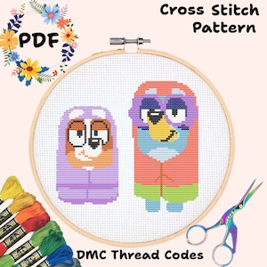 Bluey Bingo Grannies kinderen kruissteek borduurpatroon digitale download pixel art project ambacht cartoon handwerken 14 kt