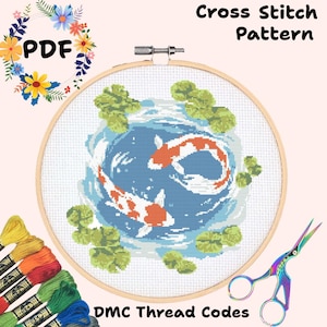 Japan koi pond lilypad fish water japenese Cross Stitch needlepoint Pattern digital download pixel art project craft cartoon