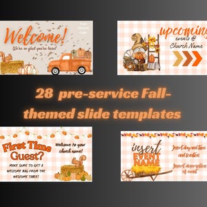 Puede incluir: Un conjunto de 28 plantillas de diapositivas con temática otoñal para servicios religiosos. Las diapositivas presentan imágenes de calabazas, ardillas, gnomos y otros elementos con temática otoñal. El texto en las diapositivas incluye "¡Bienvenido!" "¿Primer visitante?" "Próximos eventos" e "Insertar nombre del evento".