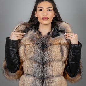 Fox Fur Jacket With Removable Leather Sleeves And Hoodie