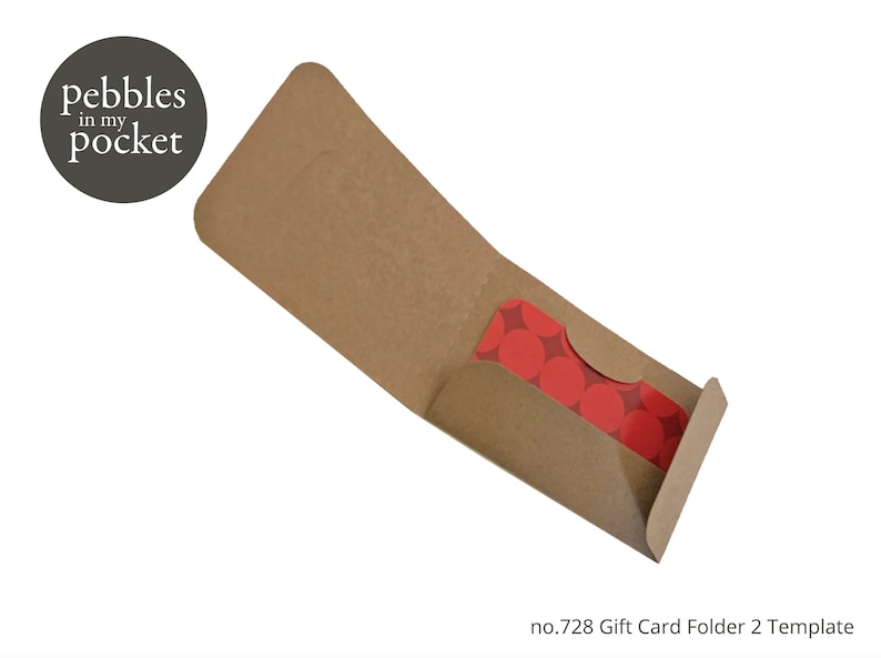 May include: A brown paper gift card folder with a red and white polka dot gift card insert. The folder is open and the insert is visible. The text "no. 728 Gift Card Folder 2 Template" is printed on the bottom of the image.