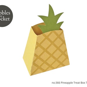 May include: A yellow pineapple-shaped treat box template with a green pineapple top. The box is decorated with a diamond pattern and the text "no. 566 Pineapple Treat Box Template".