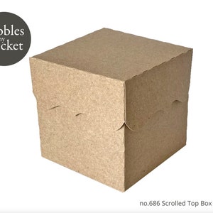Puede incluir: Una caja de cartón marrón con un borde superior festoneado. La caja está etiquetada "no.686 Scrolled Top Box Template".