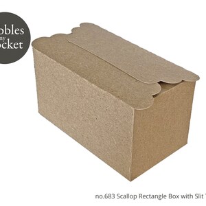 May include: A brown cardboard box with a scalloped top. The box is labeled "Pebbles in my Pocket" and "no. 6883 Scallop Rectangle Box with Slit Template".