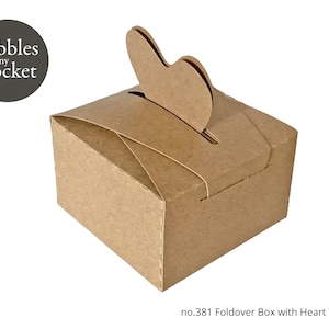May include: A brown cardboard box with a heart-shaped flap. The box is labeled "no. 381 Foldover Box with Heart Template".