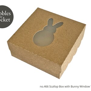 May include: A brown cardboard box with a scalloped edge and a bunny-shaped window. The box is labelled "no. 466 Scallop Box with Bunny Window Template".