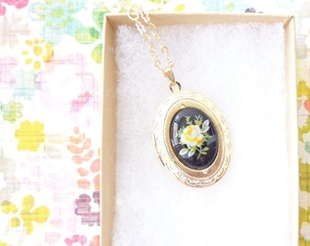 Vintage Rose Medaillon Ketting - Foto Medaillon - Gouden Medaillon - Ovaal Medaillon - Aandenken - Vintage Limoges - Gele Roos