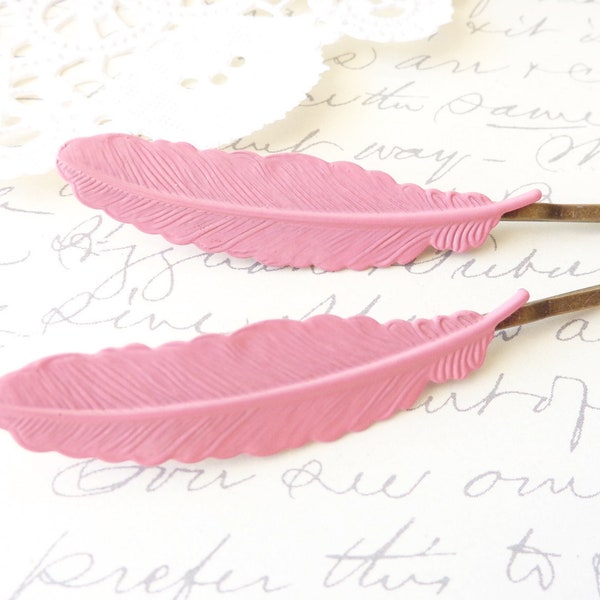 Pink Enamel Feather Hair Bobby Pins - Enamel Hair Pins - Feather Hair Pins - Feather Bobby Pin - Woodland Hair Pins - Bridal Hair Pins