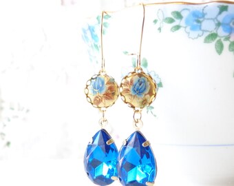 Vintage Sapphire Rhinestone Earrings - Vintage Limoges Earrings - Blue Rose Earrings - Dangle Earrings - Bridal - Bridesmaid Earrings