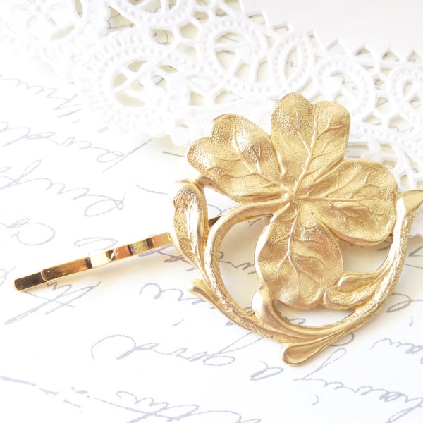 Golden Lucky Clover Hair Pin - Four Leaf Clover Bobby Pin - Big Four Leaf Clover Hair Pin - Clover Hair Accessory - Irish Motif