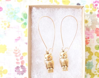 Gold Owl Earrings -Golden Ox Owl Earrings - Antique Gold Owl Earrings- Dangle Earrings - Woodland Earrings- Animal Earrings - Gold Owl