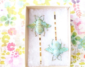 Alfinetes de cabelo Verdigris Bumble Bee - Alfinetes de ouro Bumble Bee - Bumblebee - Floresta - Cabelo de casamento natural