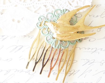 Golden Flying Swallow Hair Comb - Sparrow Hair Comb - Woodland Bird Hair Comb - Verdigris Sage Green Swallow Hair Comb - Bridal Hair