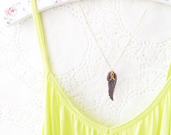 Angel Wing Cancer Ribbon Charm Necklace - Copper Wing - Bird Wing - Gold Cancer Ribbon - Hope - Cancer Awareness - Breast Cancer