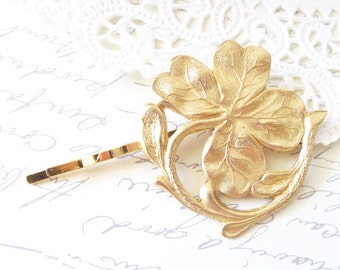 Golden Lucky Clover Hair Pin - Four Leaf Clover Bobby Pin - Big Four Leaf Clover Hair Pin - Clover Hair Accessory - Irish Motif