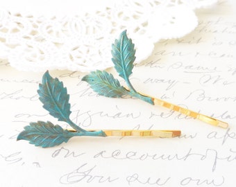 Verdigris Leaf Branch Bobby Pin Set - Leaf Branch Bobby Pins - Woodland Leaf Hair Pins - Wedding Hair Accessory - Bridal Hair Pins