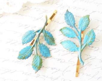 Verdigris Leaf Branch Bobby Pin Set - Verdigris Leaf Branch Hair Pins - Woodland Branch Hair Pins - Wedding Hair Pins - Bridal Hair - Minty