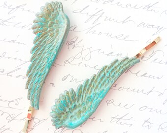 Verdigris Feather Hair Pins - Feather Bobby Pins - Aqua Feather Hair Pin - Green Feather Hair Pins - Feather Pin - Angel Wing Feather Pin