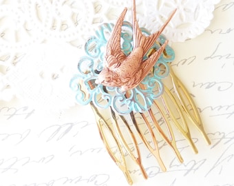 Rose Gold Flying Swallow Hair Comb - Sparrow Hair Comb - Woodland Bird Hair Comb - Verdigris Mint Blue Swallow Hair Comb - Bridal Hair