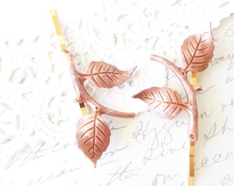 Rose Gold Leaf Branch Hair Pins - Leaf Branch Bobby Pin Set - Rose Gold Leaf Hair Pins - Woodland Hair Pins - Leaf Wedding Hair Pins